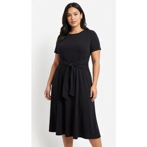 Periwinkle Women's Black Midi Dress Belt Slinky 14W Short Sleeve NWT